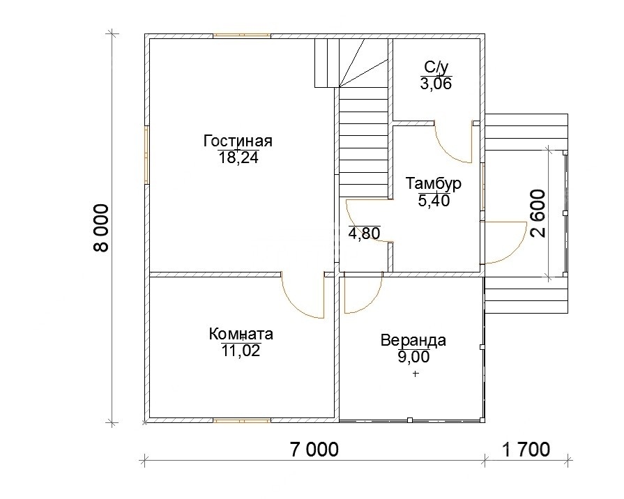 План Дом каркасный 7х8 с верандой