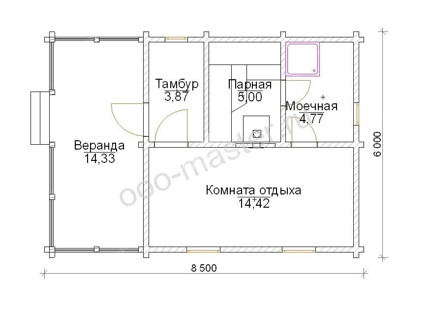 План Баня из бруса 6х8,5 с верандой