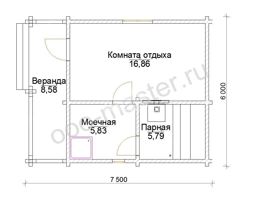 План Баня из бруса 6х7,5 с верандой 2