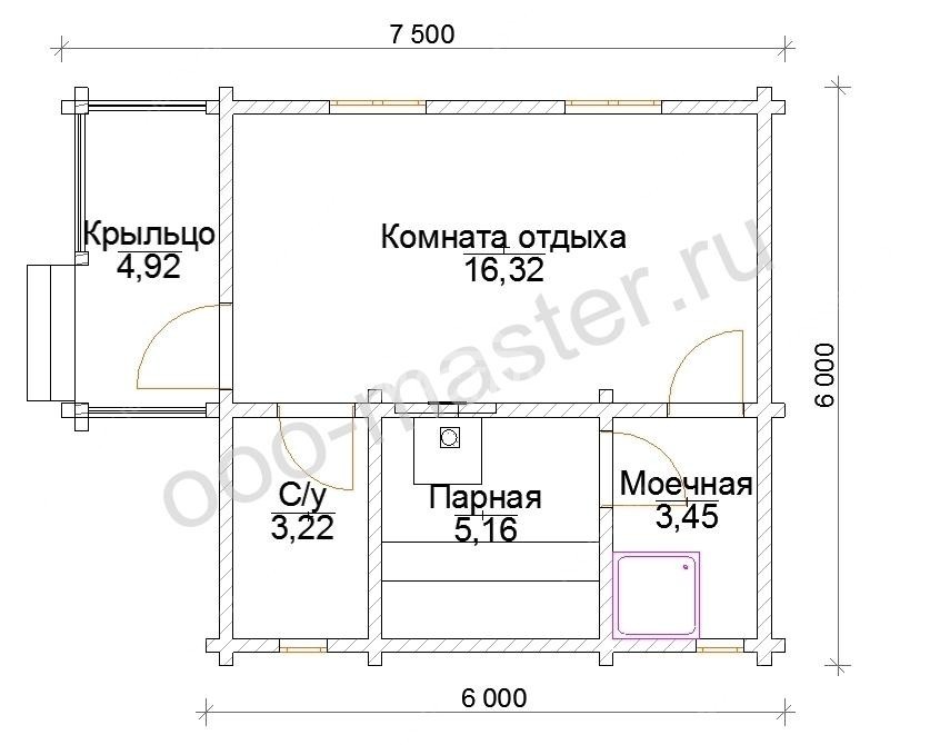 План Баня из бруса 6х7,5 с крыльцом