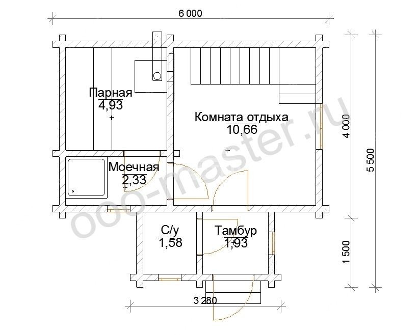 План Баня из бруса 6х5,5 «Тушино»