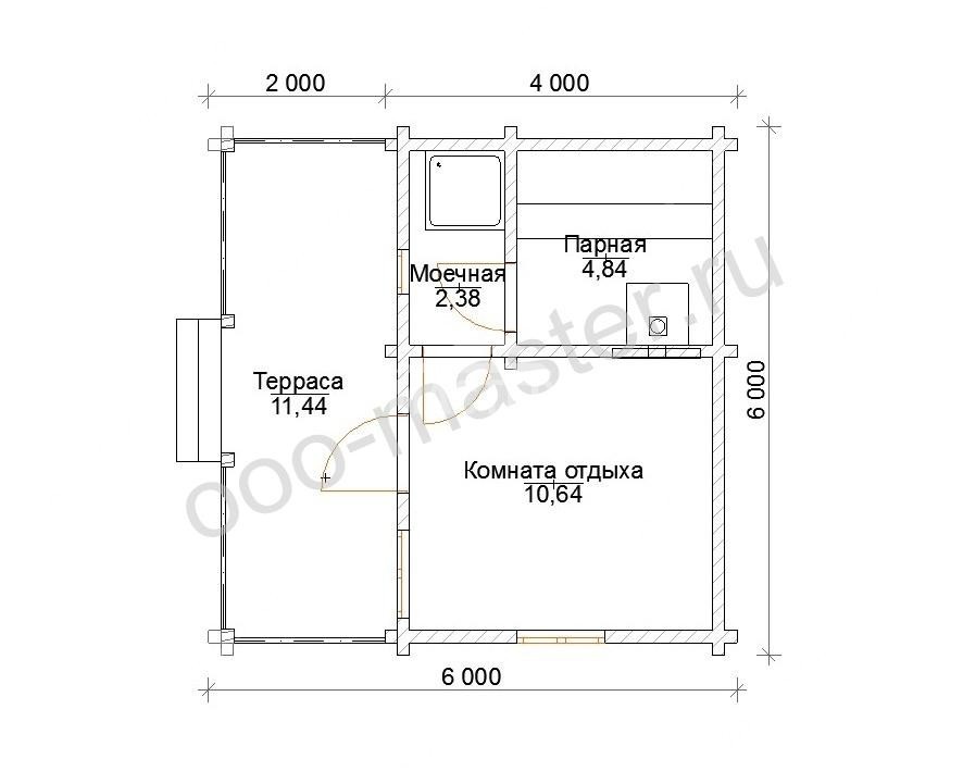 План Баня из бруса 6х6 «Заворово»