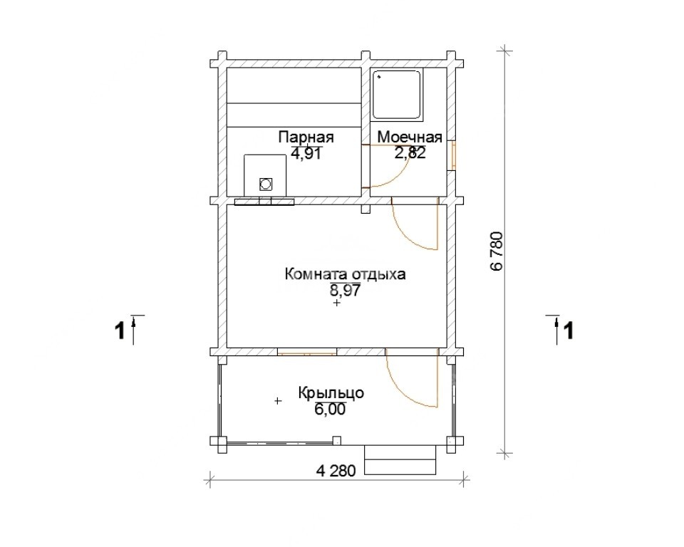 План Баня из бруса 4,3x6,8 (Забава)