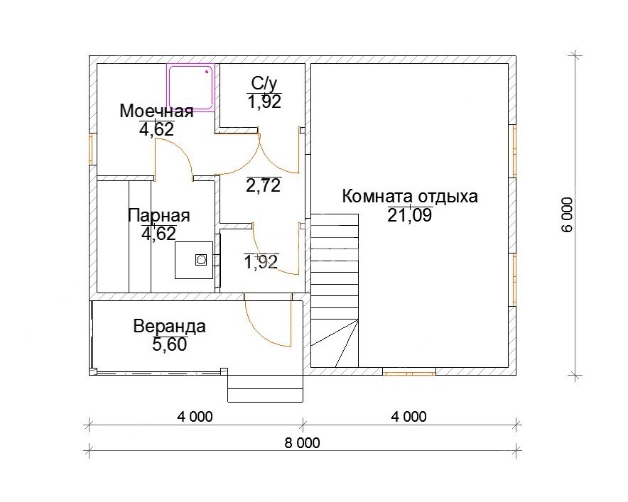 План Баня 6х8 каркасная