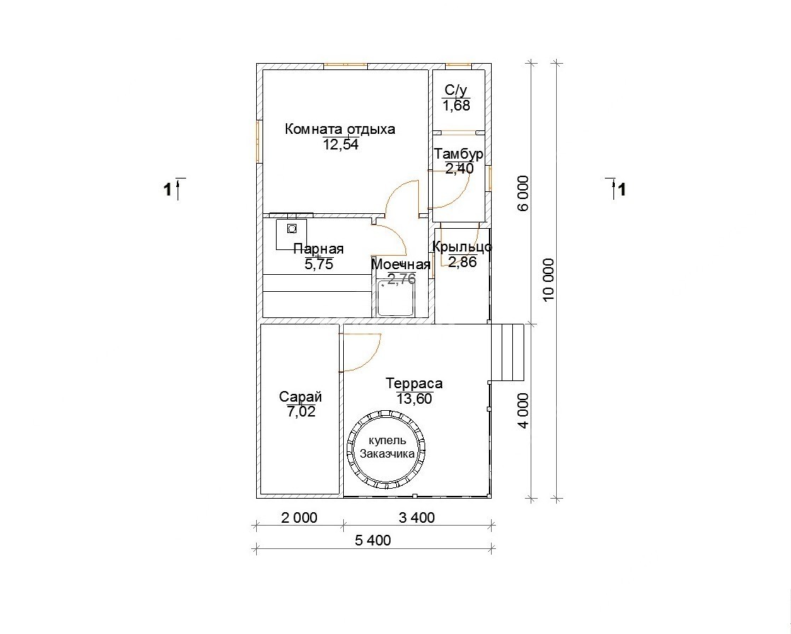 План Баня 10х5,4 каркасная
