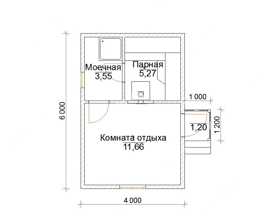 План Баня каркасная 6х4 