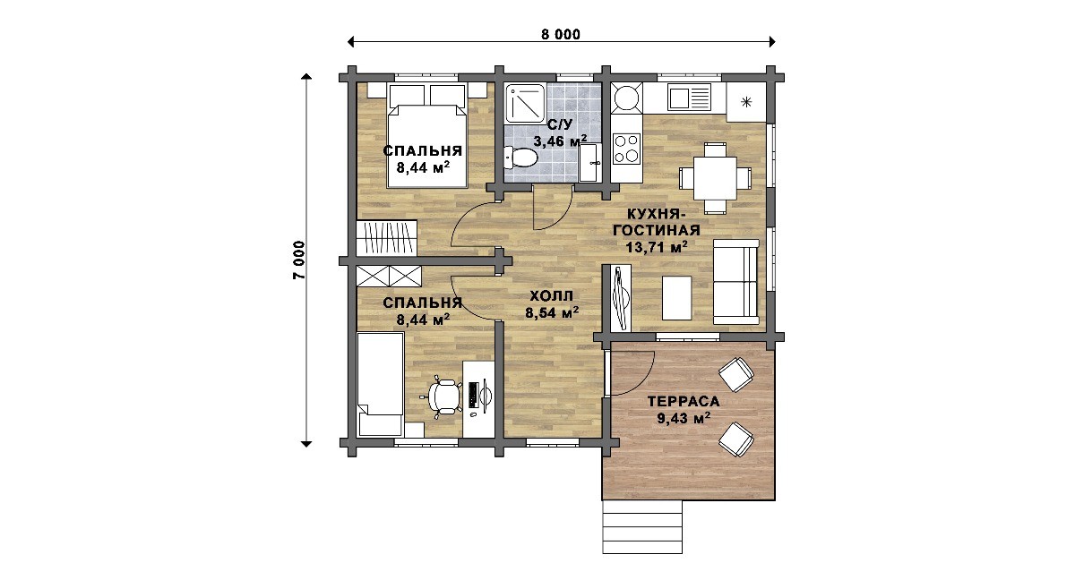 План Одноэтажный дом из  бруса 8х8 